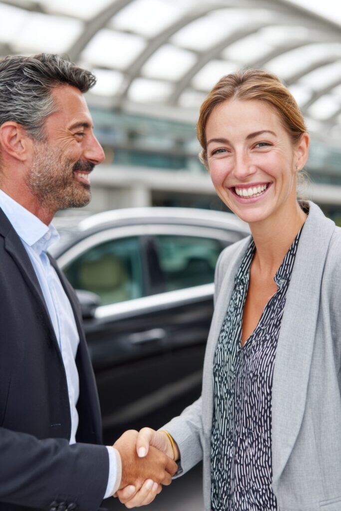 Businesswoman shaking hands with businessman in front of 683x1024