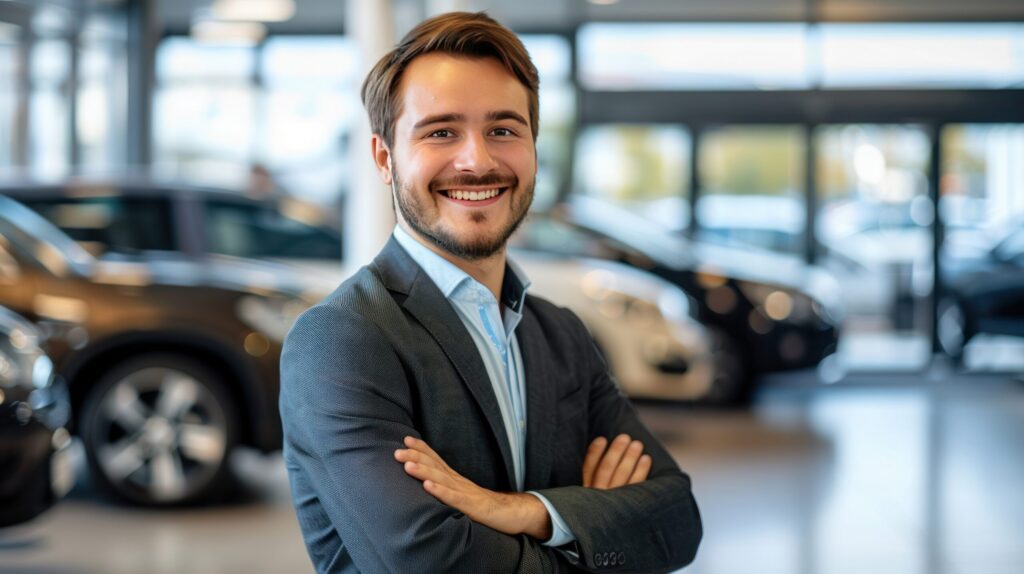 Smiling man in suit posing near cars in showroom confident 69531337 1024x574